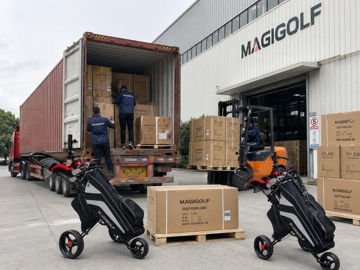 Boxed golf push carts being loaded into an export container