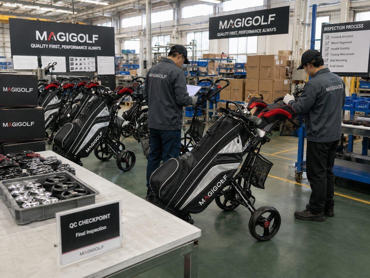 Final inspection station checking frame, wheel alignment, folding mechanism and bag mounting
