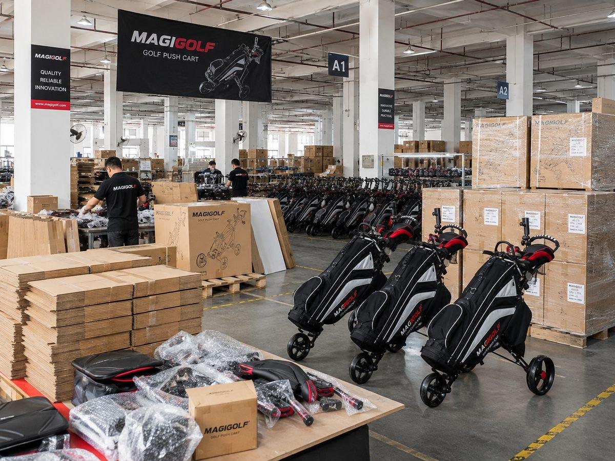 Golf push cart production floor with assembly stations, packed cartons and finished carts staged for shipment