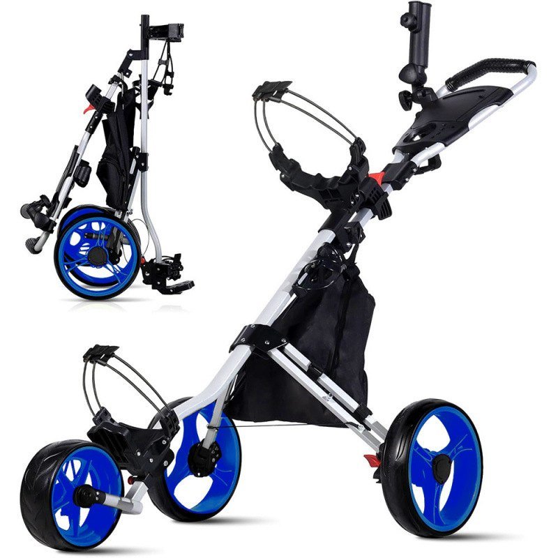 Aluminium 3-wheel folding golf push cart shown open and folded, with drink holder and scorecard console