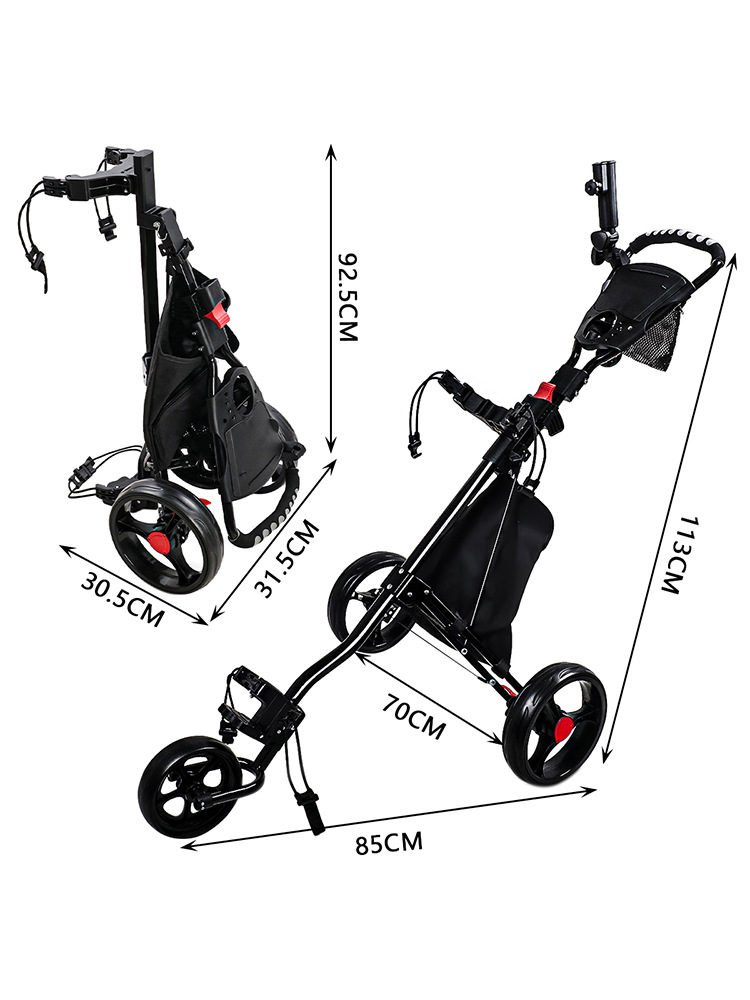 3-wheel golf push cart dimensions: 85 x 70 x 113 cm open, folding to 30.5 x 31.5 x 92.5 cm