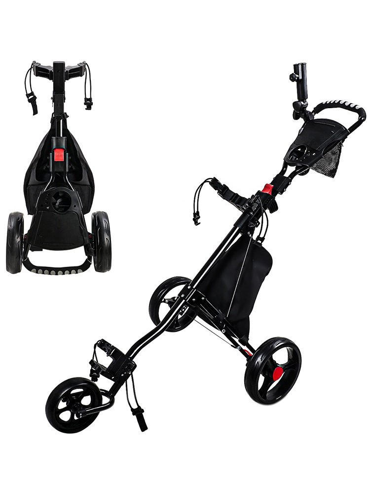 3-wheel folding golf push cart with drink holder, mesh basket and foot brake, shown open and folded