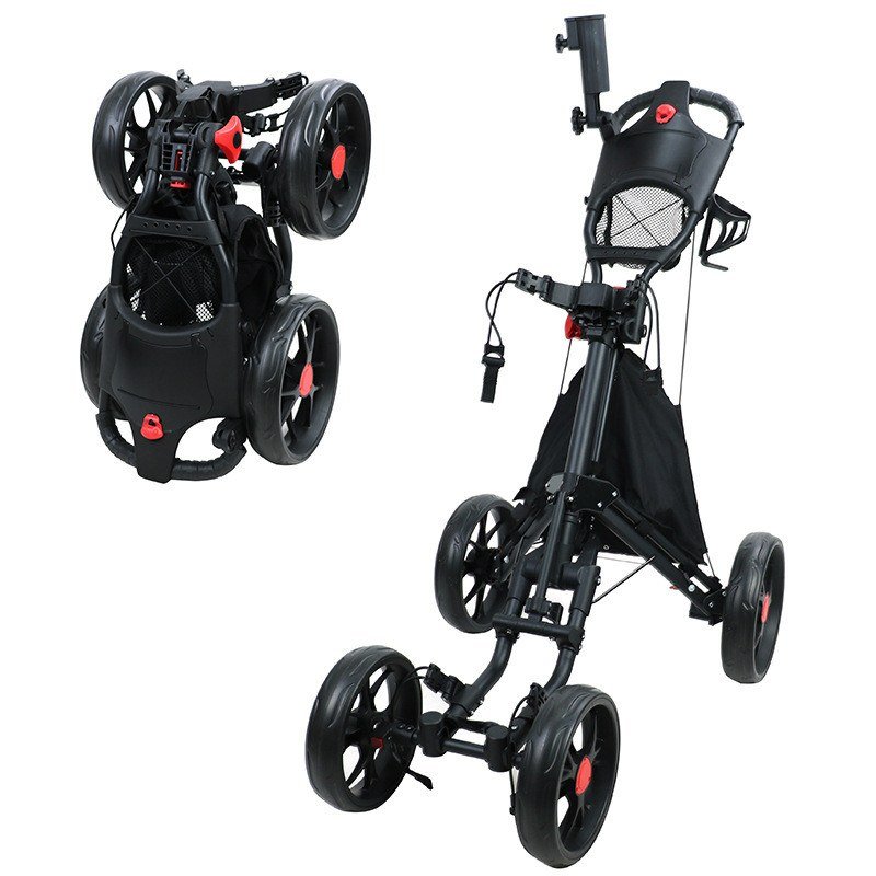 Foldable 4-wheel golf push cart with umbrella holder, drink holder and hand brake