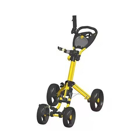 Yellow aluminium 4-wheel golf push cart with swivel front wheels and moulded control console