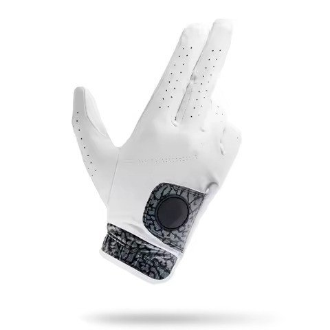 White glove with grey print trim and blank closure disc