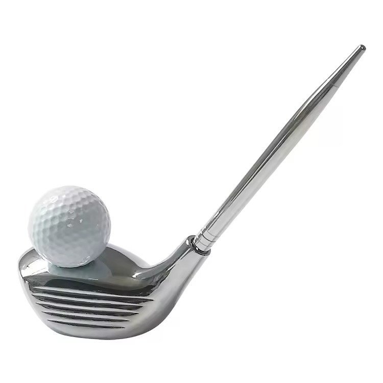 Chrome club-head desk piece cradling a ball