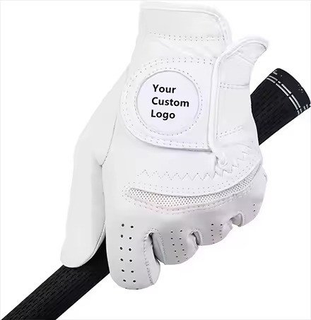 White glove gripping a club, closure tab printed with a sample logo