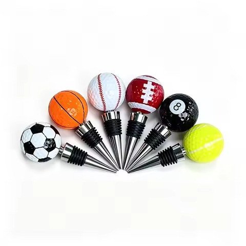 Wine stoppers topped with mini sports balls