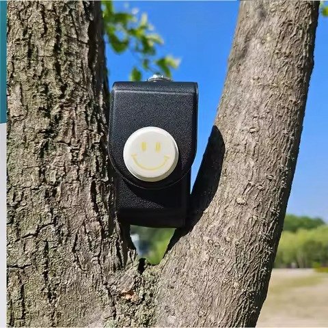Clip-on ball holder strapped to a tree with smiley ball
