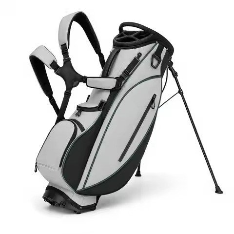 Grey stand bag with dual straps and leg mechanism