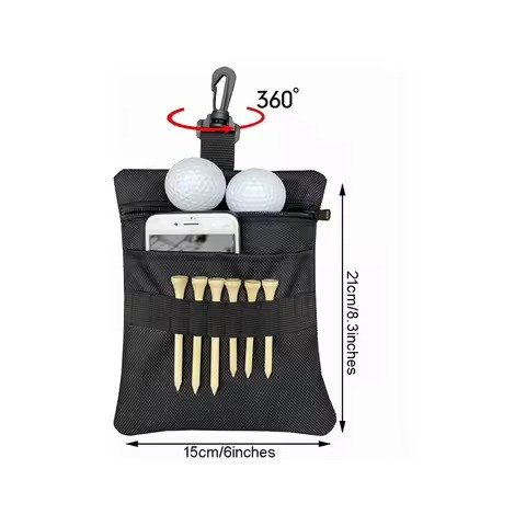 Hanging tee-and-ball pouch with 360° clip, sized 15 × 21 cm