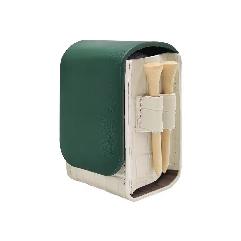 Green and white tee holder case with wooden tees