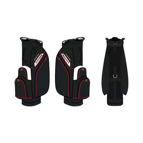 Black cart bag with red piping, three product views