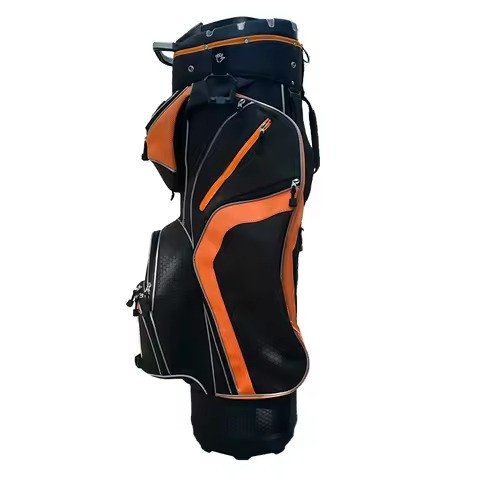 Black and orange cart bag with side accessory pockets