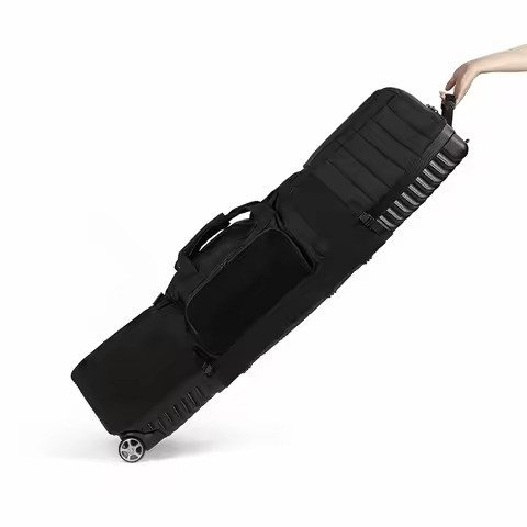 Wheeled travel bag tilted to rolling position