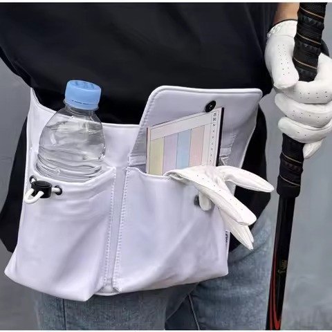 White waist caddy worn on the hip holding bottle, glove and scorecard