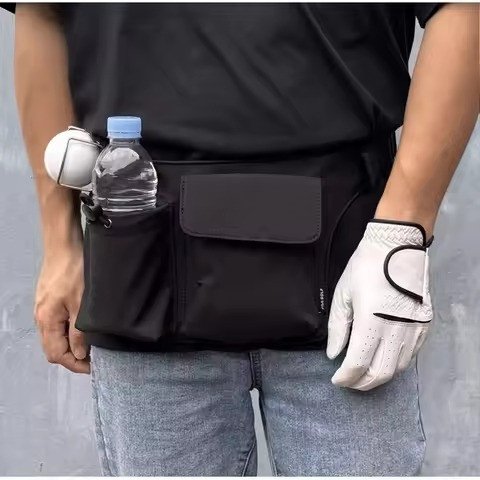 Black waist caddy with bottle sleeve and valuables pocket