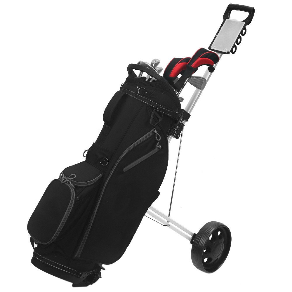 Pull cart carrying a black cart bag, side view