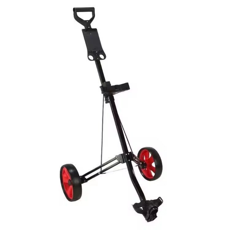 Black pull cart with red wheels and T-handle