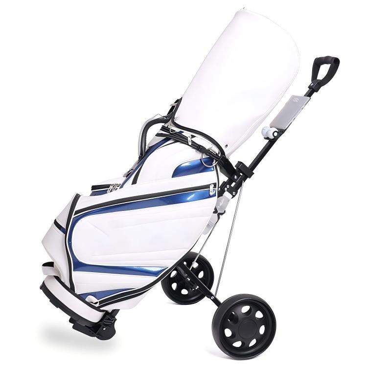 White staff bag mounted on a rental pull cart