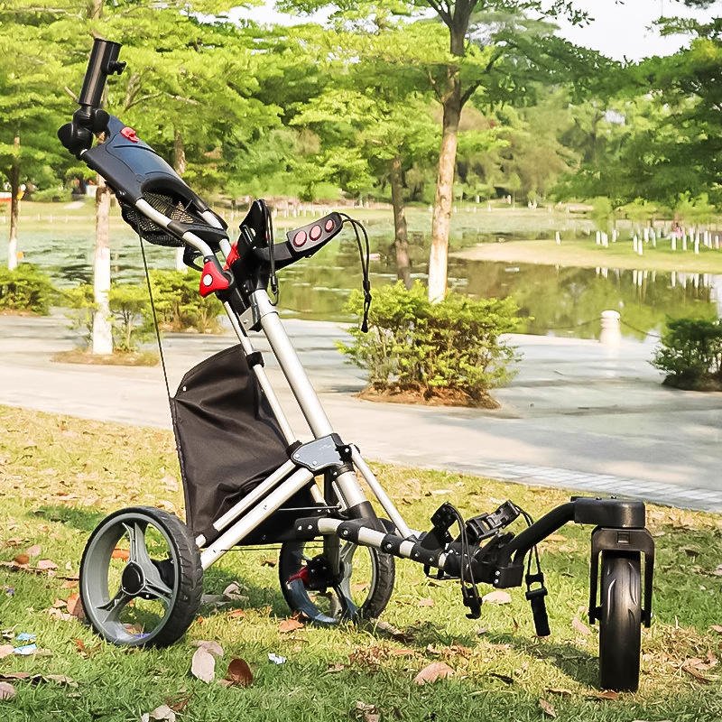 Push cart parked on a lakeside cart path with rear storage bag fitted