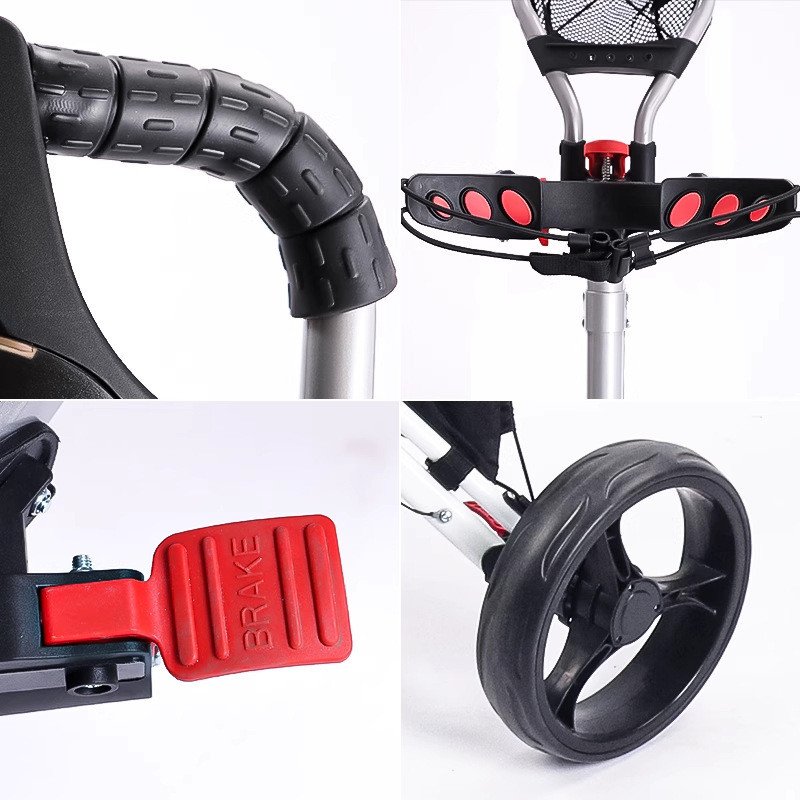 Detail views of foot brake lever, handle grip and wheel hub