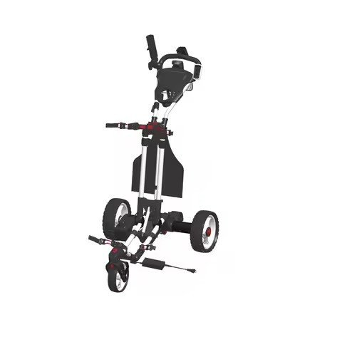Silver-and-black trolley with red accents and scorecard tray