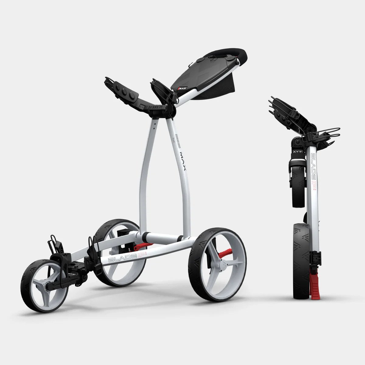 White flat-folding cart pair shown open and folded