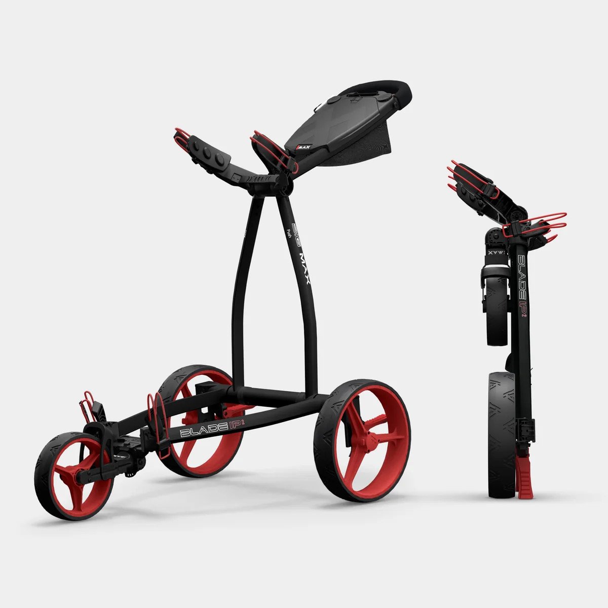 Black frame with red wheels, open and folded views