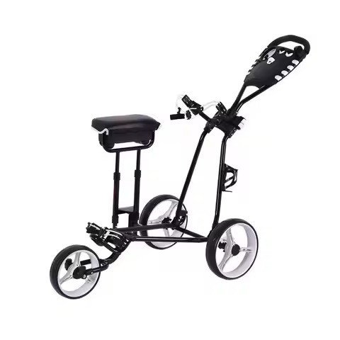 Black push cart with fold-down seat deployed between rounds