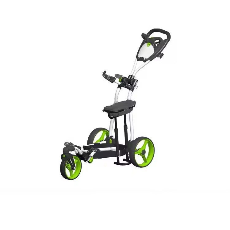 Silver cart with seat pad and lime wheels