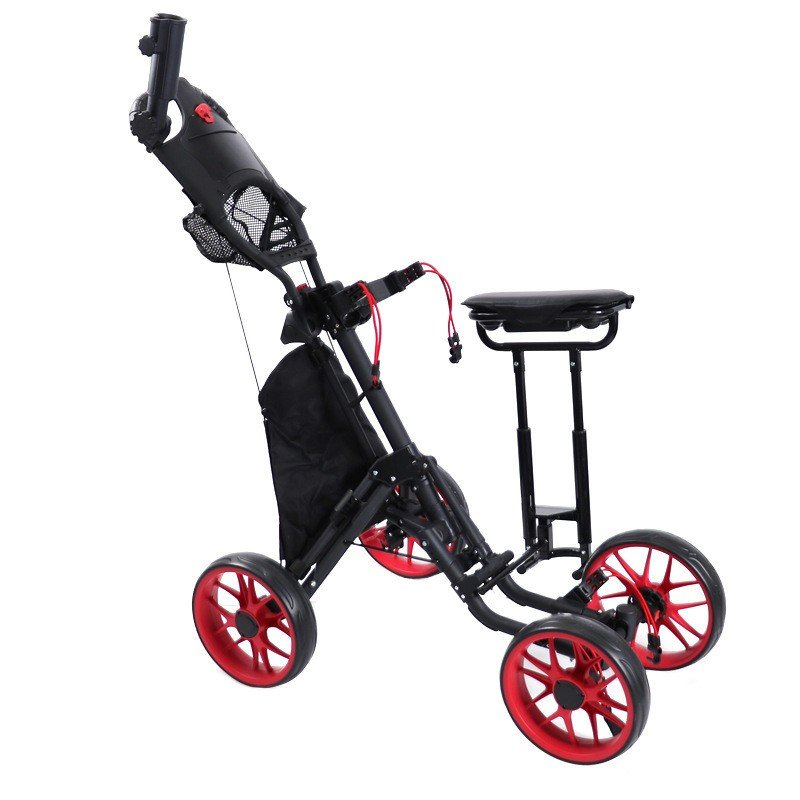 Rest seat deployed above the folded frame of a red-wheel push cart