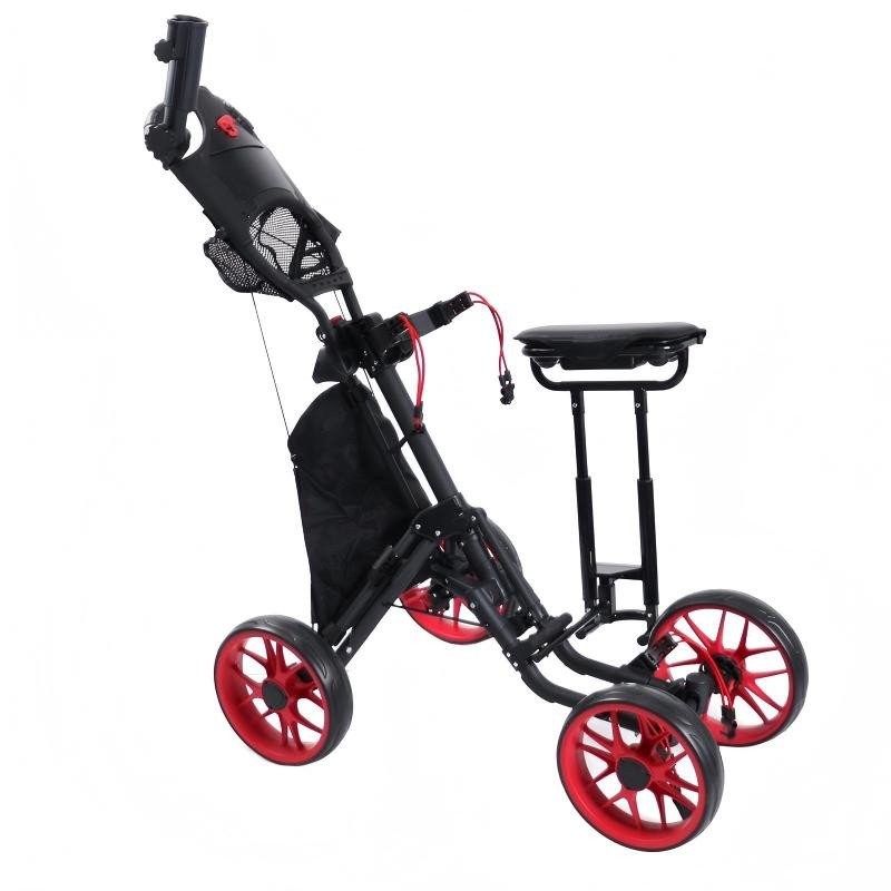 Rear view of seat-equipped cart with red wheels