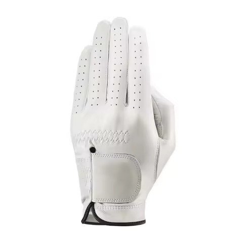 White cabretta leather golf glove with perforated ventilation and a blank closure tab