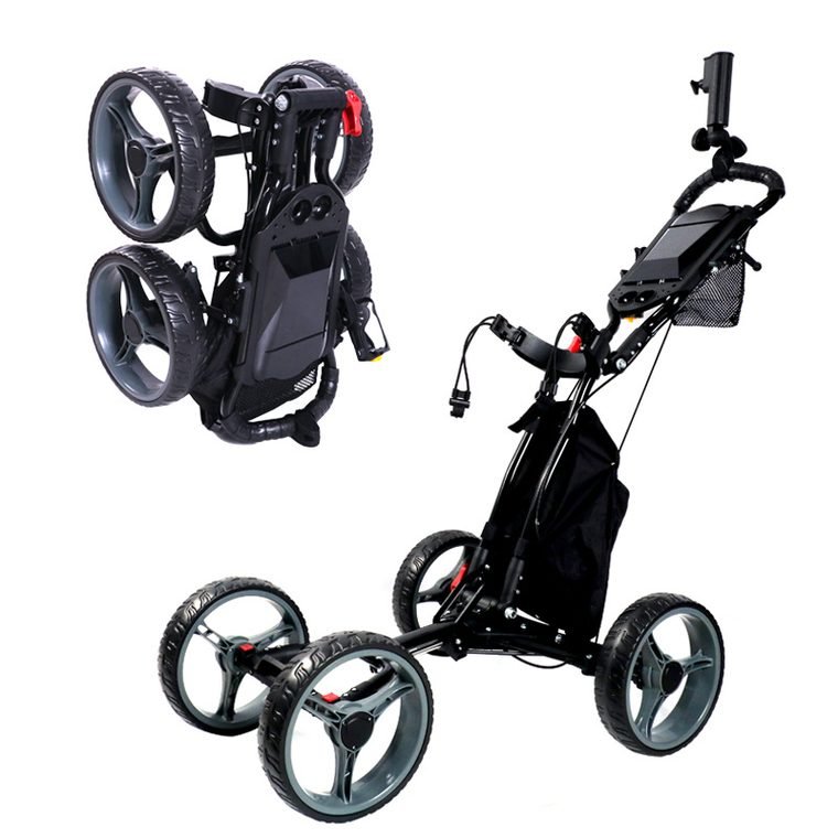 Junior 4-wheel golf push cart with hand brake and bottle holder, compact folding frame