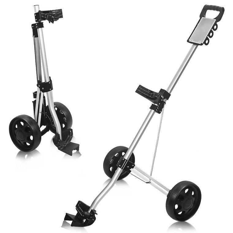 Lightweight aluminium 2-wheel golf pull cart, folded and open — nestable course rental fleet option