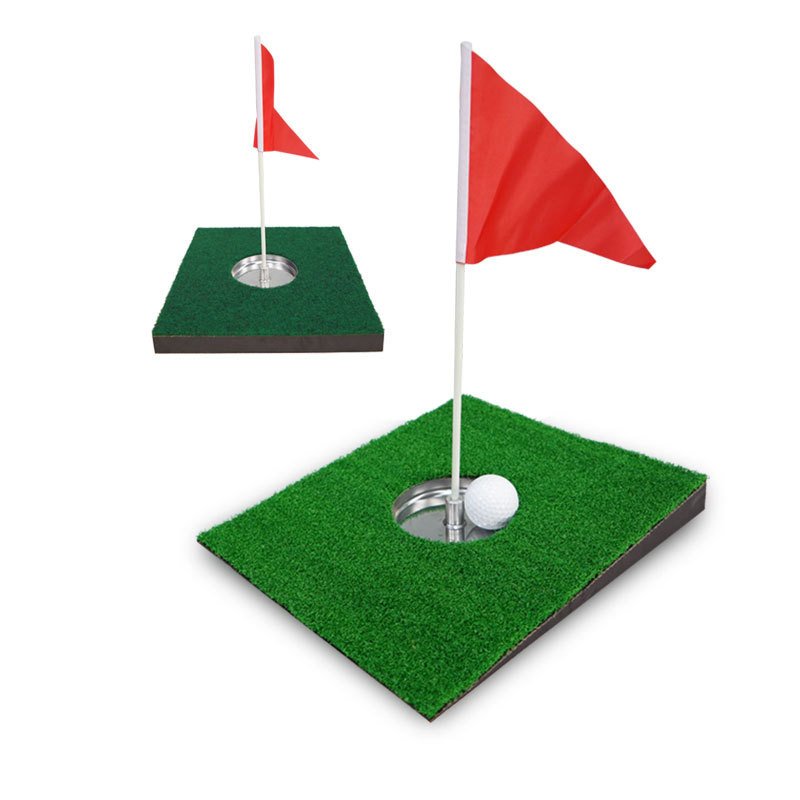 Two putting mats with regulation cups and red flags