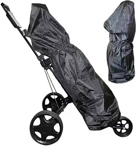Waterproof golf bag rain cover fitted over a bag on a push cart, shown fitted and folded